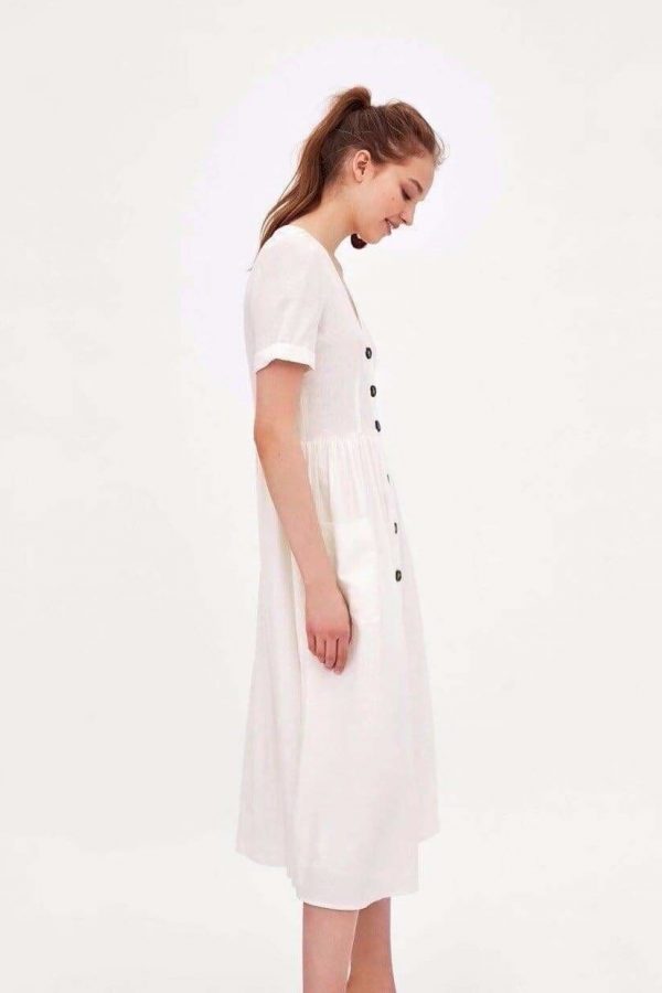 The Best Summer Dress Vestidos Straight Pockets Button Mid-Calf V-Neck Tops Online - Source Silk