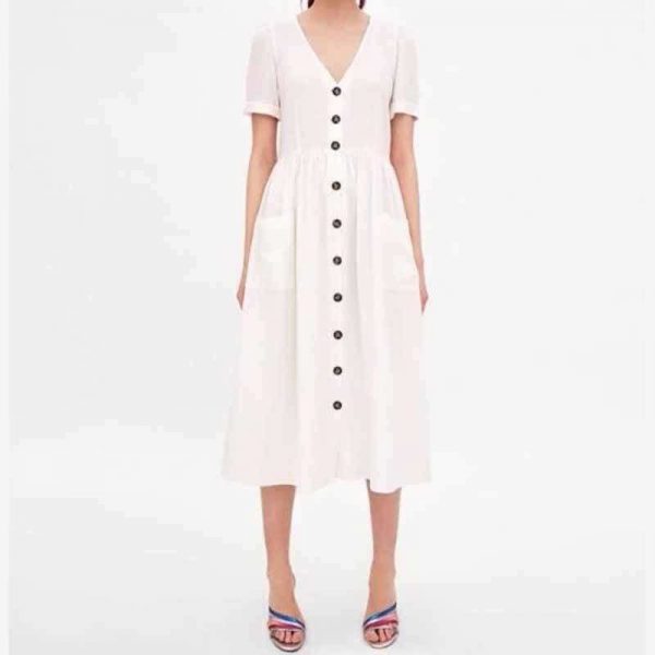 The Best Summer Dress Vestidos Straight Pockets Button Mid-Calf V-Neck Tops Online - Source Silk