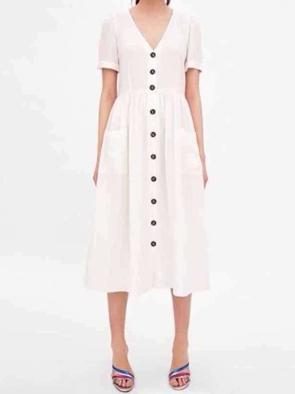 The Best Summer Dress Vestidos Straight Pockets Button Mid-Calf V-Neck Tops Online - Source Silk