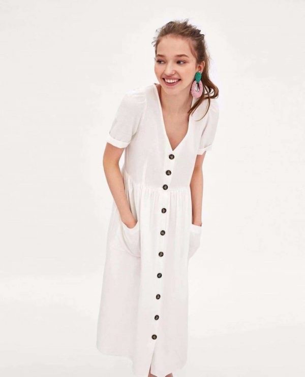 The Best Summer Dress Vestidos Straight Pockets Button Mid-Calf V-Neck Tops Online - Source Silk