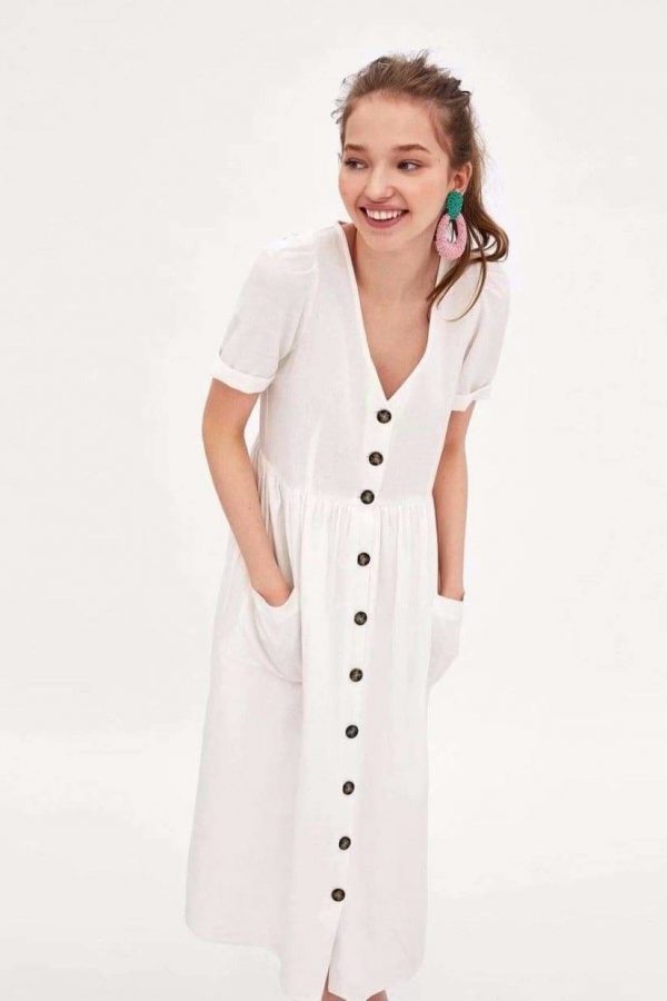 The Best Summer Dress Vestidos Straight Pockets Button Mid-Calf V-Neck Tops Online - Source Silk