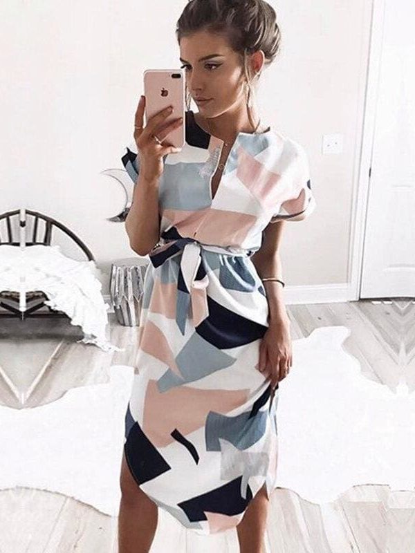 The Best Summer Dress Women Boho Style Geometric Print Beach Dress Elegant Ladies Holiday Party Dresses Plus Size S-2XL Online - Takalr