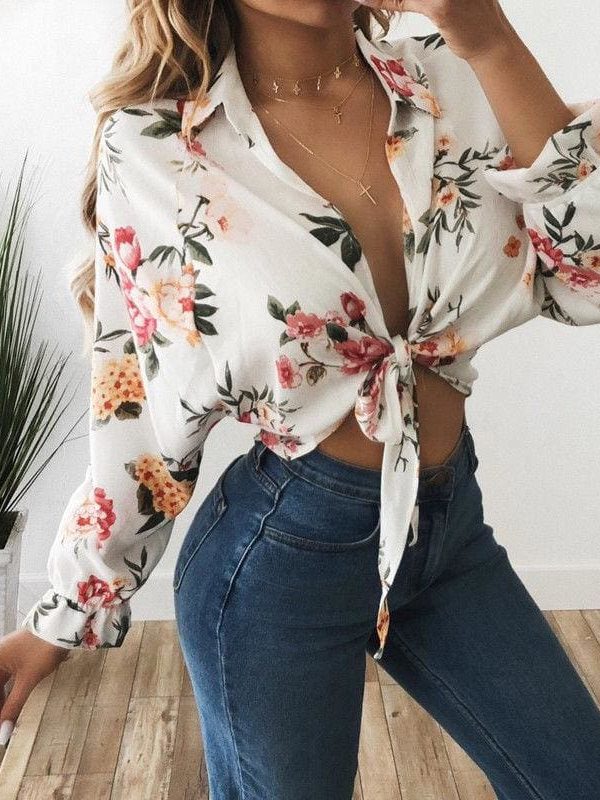 The Best Summer Fashion Bohemian Sexy Women Tops Shirt Long Sleeve Strapless Belt Summer Floral Print Short Tops Online - Takalr