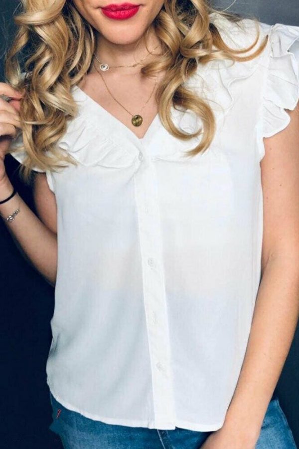 The Best Summer Fashion V-Neck Chiffon Women Casual Loose Blouse New Ladies Sleeveless Lace White Tops Shirt Online - Takalr