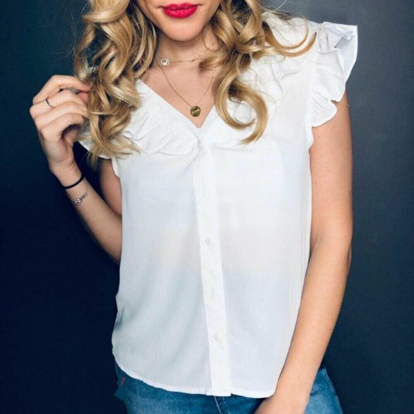 The Best Summer Fashion V-Neck Chiffon Women Casual Loose Blouse New Ladies Sleeveless Lace White Tops Shirt Online - Takalr