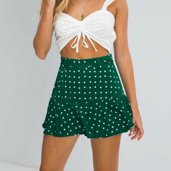 The Best Summer High Waist  A Line Circle Elastic Stretch Pleated Flared Beach Polka Dot Mini Skirt Online - Takalr