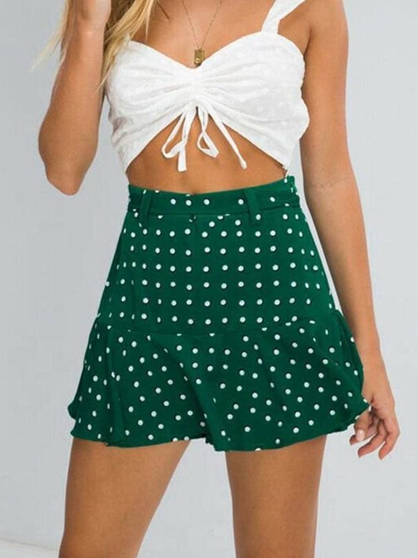 The Best Summer High Waist  A Line Circle Elastic Stretch Pleated Flared Beach Polka Dot Mini Skirt Online - Takalr