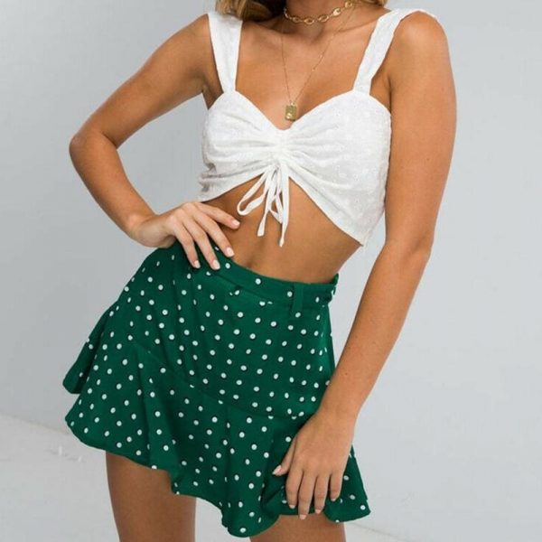 The Best Summer High Waist  A Line Circle Elastic Stretch Pleated Flared Beach Polka Dot Mini Skirt Online - Takalr