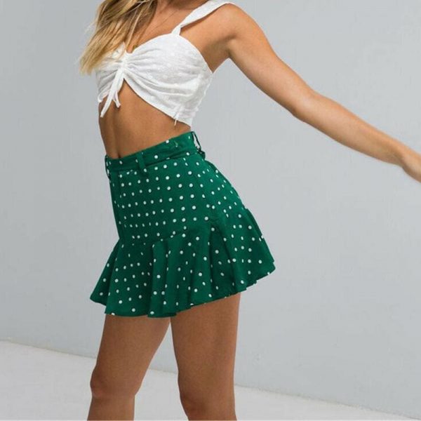 The Best Summer High Waist  A Line Circle Elastic Stretch Pleated Flared Beach Polka Dot Mini Skirt Online - Takalr