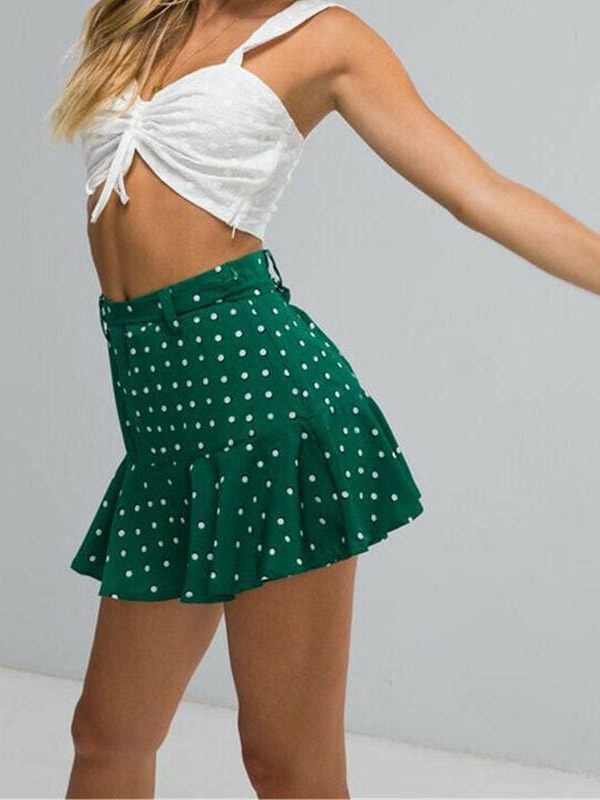 The Best Summer High Waist  A Line Circle Elastic Stretch Pleated Flared Beach Polka Dot Mini Skirt Online - Takalr