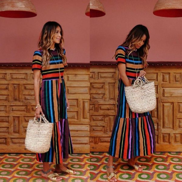 The Best Summer Holiday Dress Women Stripe Boho Short Sleeve Long Maxi Dress New Ladies Casual Beach Sundress Online - Takalr