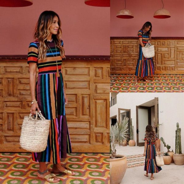 The Best Summer Holiday Dress Women Stripe Boho Short Sleeve Long Maxi Dress New Ladies Casual Beach Sundress Online - Takalr