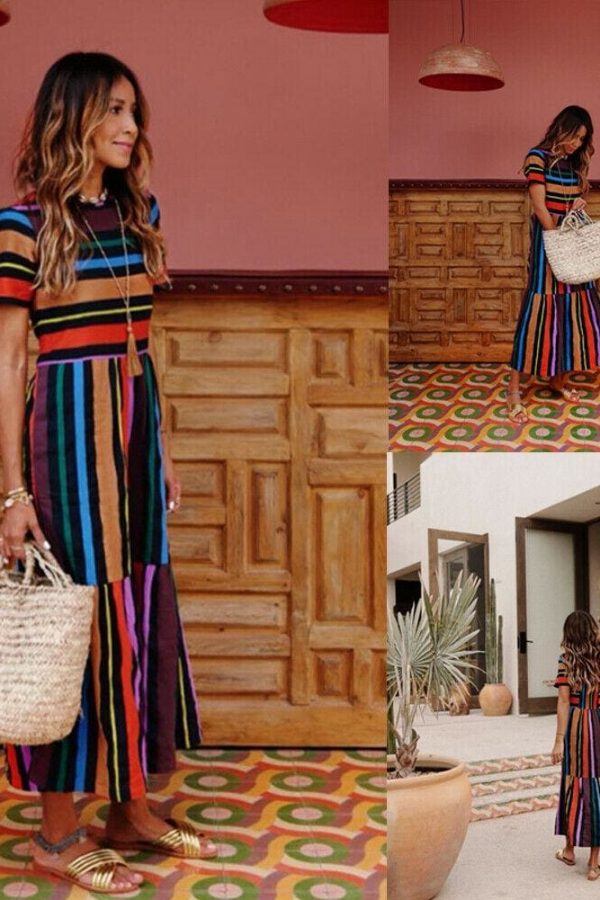 The Best Summer Holiday Dress Women Stripe Boho Short Sleeve Long Maxi Dress New Ladies Casual Beach Sundress Online - Takalr