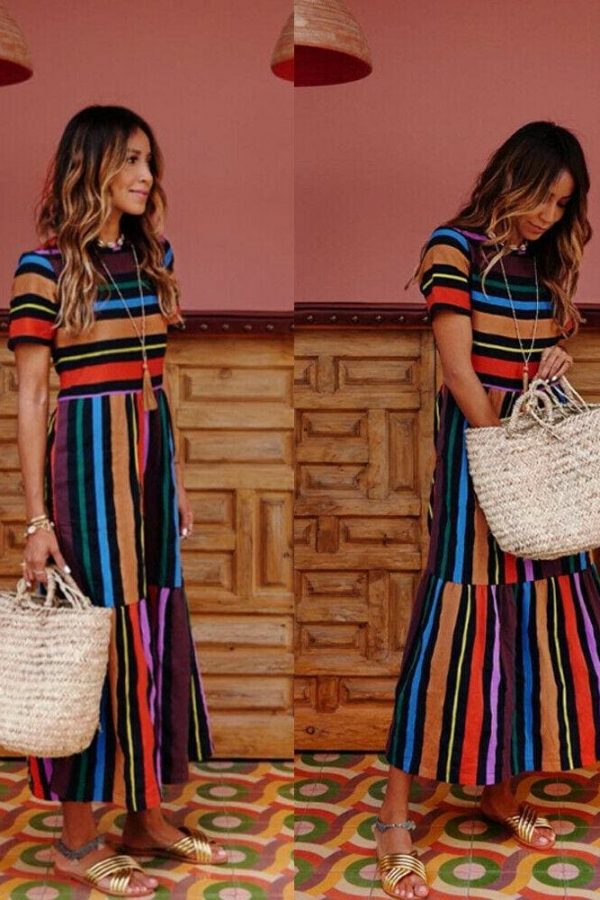 The Best Summer Holiday Dress Women Stripe Boho Short Sleeve Long Maxi Dress New Ladies Casual Beach Sundress Online - Takalr