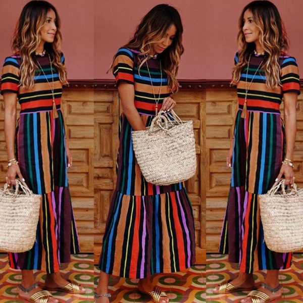 The Best Summer Holiday Dress Women Stripe Boho Short Sleeve Long Maxi Dress New Ladies Casual Beach Sundress Online - Takalr