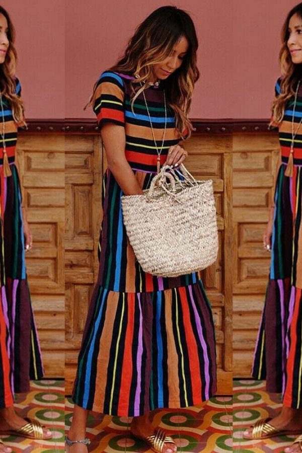 The Best Summer Holiday Dress Women Stripe Boho Short Sleeve Long Maxi Dress New Ladies Casual Beach Sundress Online - Takalr