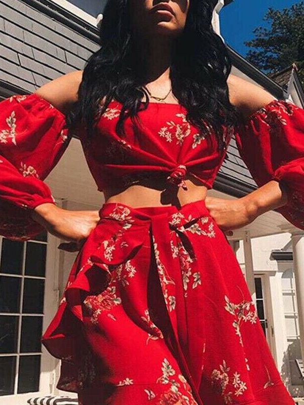 The Best Summer Holiday Women 2 Piece Set Off Shoulder Blouse Plus Skirts Bandage Bandeau Crop Top Skirt Beach Outfit Sundress Online - Takalr