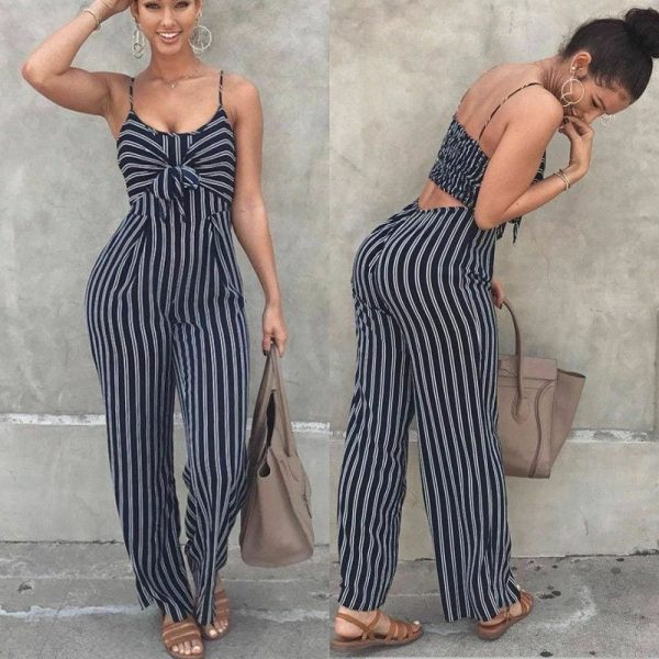 The Best Summer Hot Bodycon Backless Stripe Jumpsuits Women Party Clubwear Jumpsuits Casual Bowtie Overalls Long Pant Trousers Online - Takalr