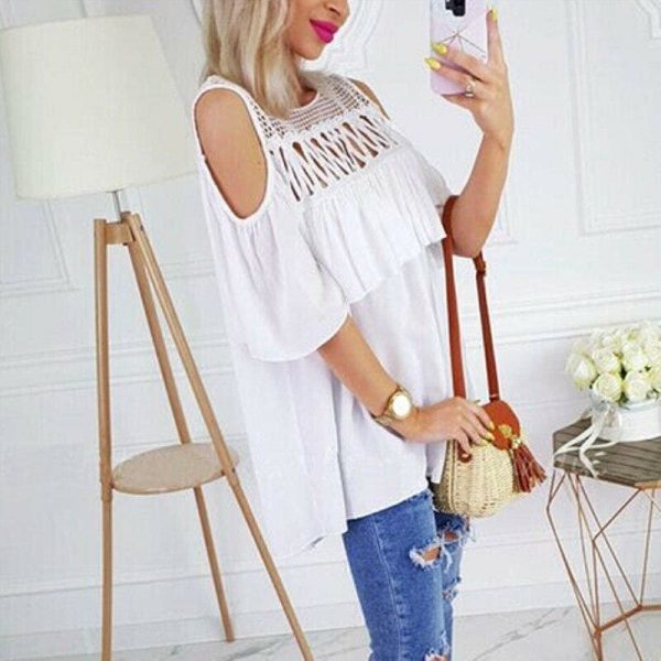 The Best Summer Ladies Mesh Openwork Short Sleeve Tops Shirt Women Casual Loose Ruffled Off-Shoulder Blouse Shirt Online - Takalr