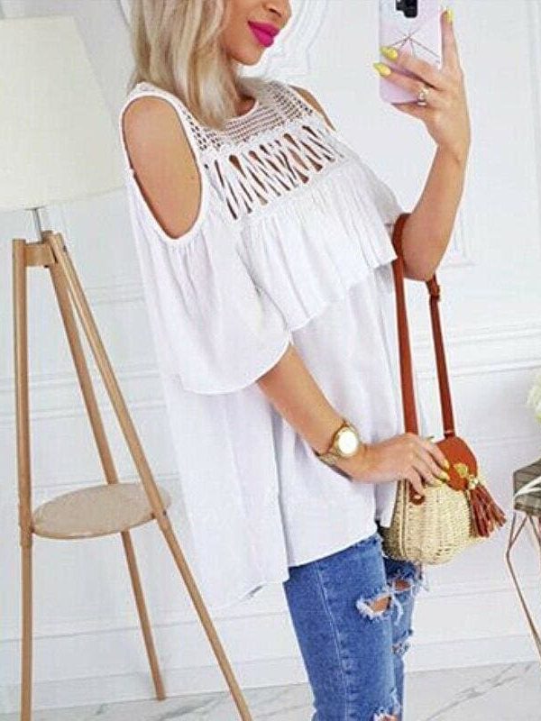 The Best Summer Ladies Mesh Openwork Short Sleeve Tops Shirt Women Casual Loose Ruffled Off-Shoulder Blouse Shirt Online - Takalr