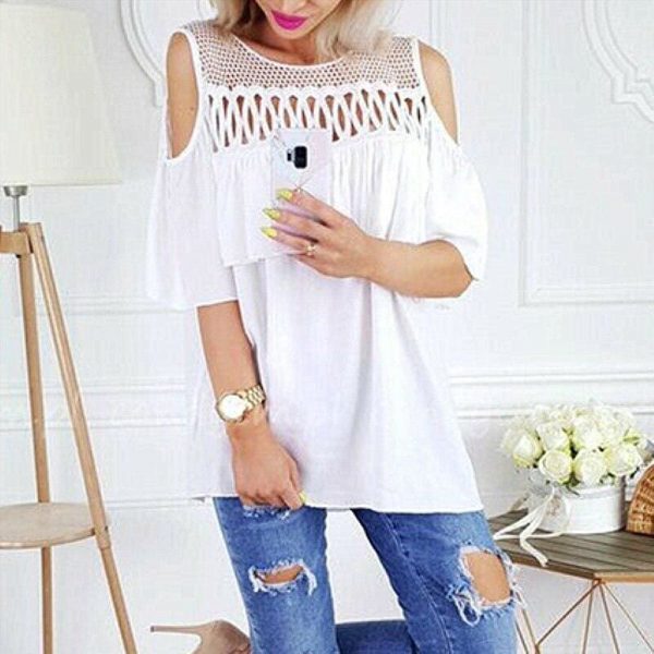 The Best Summer Ladies Mesh Openwork Short Sleeve Tops Shirt Women Casual Loose Ruffled Off-Shoulder Blouse Shirt Online - Takalr