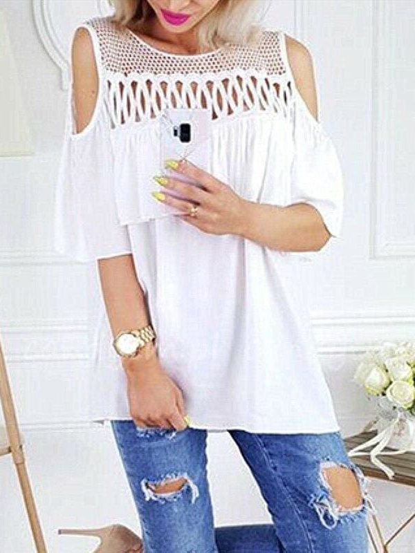 The Best Summer Ladies Mesh Openwork Short Sleeve Tops Shirt Women Casual Loose Ruffled Off-Shoulder Blouse Shirt Online - Takalr