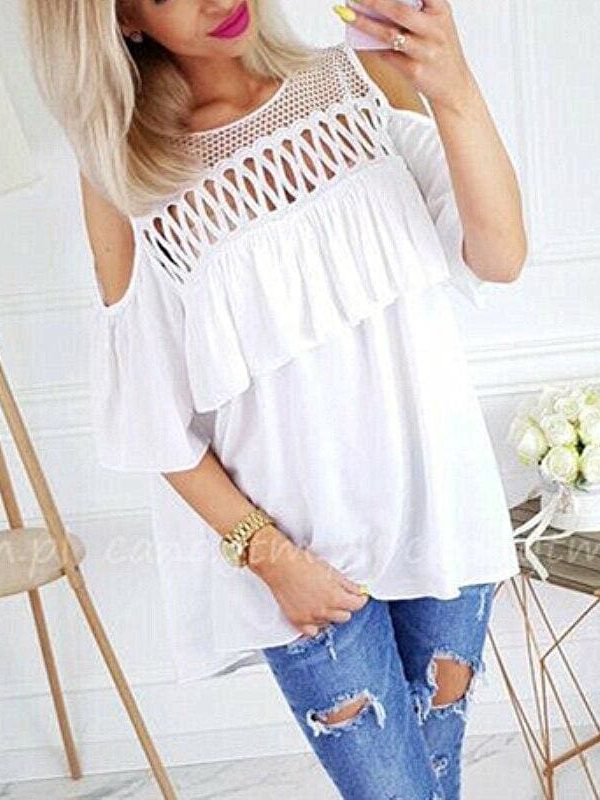 The Best Summer Ladies Mesh Openwork Short Sleeve Tops Shirt Women Casual Loose Ruffled Off-Shoulder Blouse Shirt Online - Takalr