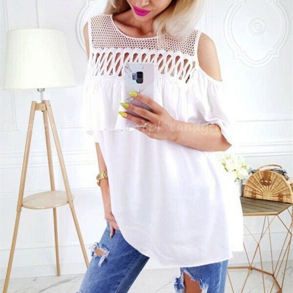 The Best Summer Ladies Mesh Openwork Short Sleeve Tops Shirt Women Casual Loose Ruffled Off-Shoulder Blouse Shirt Online - Takalr