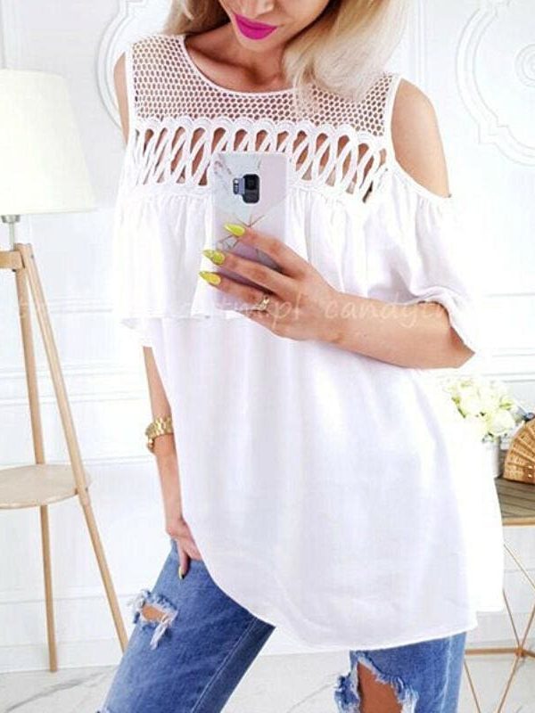 The Best Summer Ladies Mesh Openwork Short Sleeve Tops Shirt Women Casual Loose Ruffled Off-Shoulder Blouse Shirt Online - Takalr