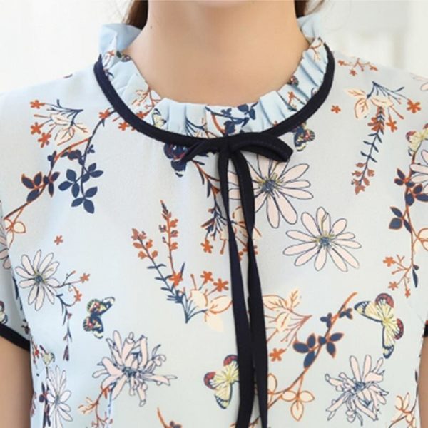 The Best Summer Print Chiffon Blouse Ruffle Collar Bow Neck Short Sleeve Tops Online - Takalr