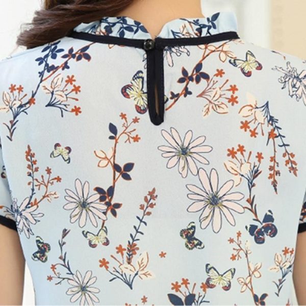 The Best Summer Print Chiffon Blouse Ruffle Collar Bow Neck Short Sleeve Tops Online - Takalr