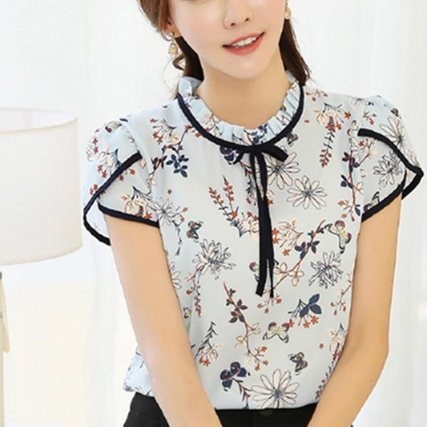 The Best Summer Print Chiffon Blouse Ruffle Collar Bow Neck Short Sleeve Tops Online - Takalr