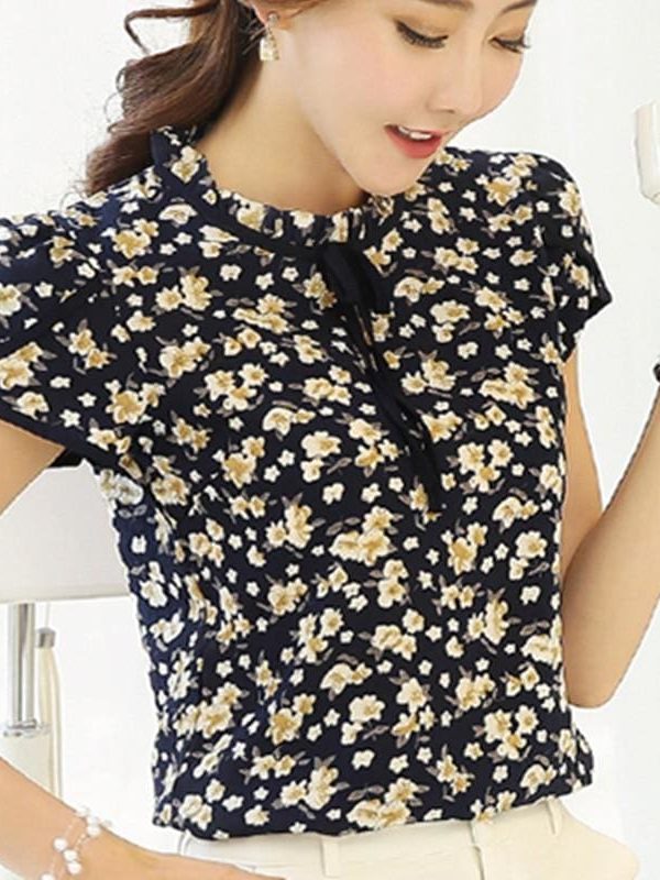 The Best Summer Print Chiffon Blouse Ruffle Collar Bow Neck Short Sleeve Tops Online - Takalr