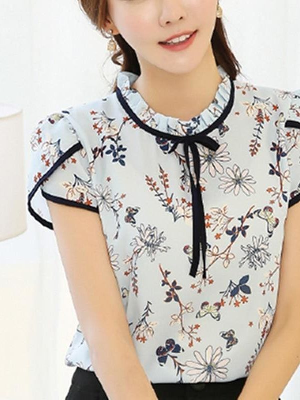 The Best Summer Print Chiffon Blouse Ruffle Collar Bow Neck Short Sleeve Tops Online - Takalr