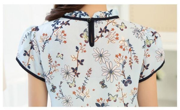 The Best Summer Print Chiffon Blouse Ruffle Collar Bow Neck Short Sleeve Tops Online - Takalr