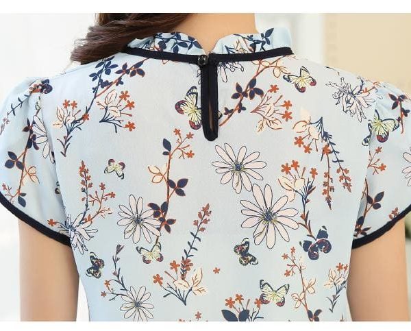 The Best Summer Print Chiffon Blouse Ruffle Collar Bow Neck Short Sleeve Tops Online - Takalr