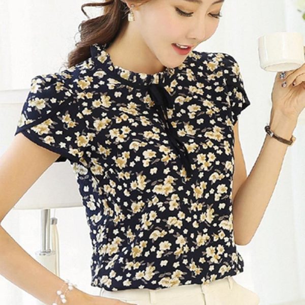 The Best Summer Print Chiffon Blouse Ruffle Collar Bow Neck Short Sleeve Tops Online - Takalr