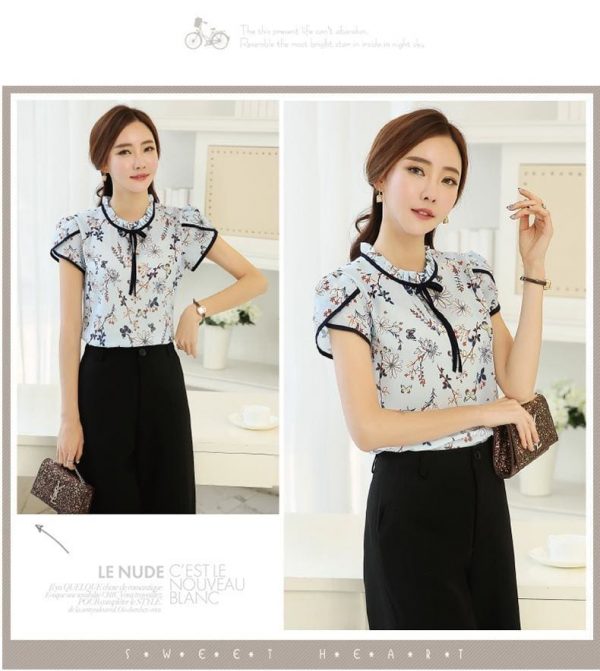 The Best Summer Print Chiffon Blouse Ruffle Collar Bow Neck Short Sleeve Tops Online - Takalr