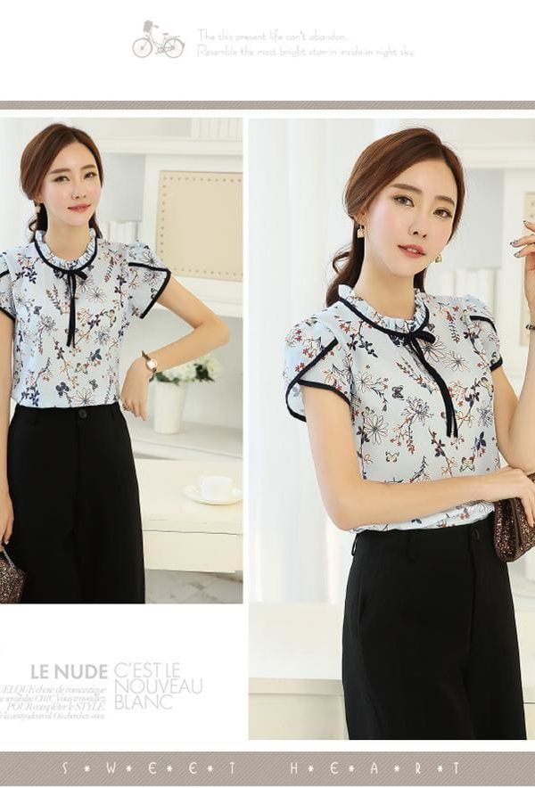 The Best Summer Print Chiffon Blouse Ruffle Collar Bow Neck Short Sleeve Tops Online - Takalr