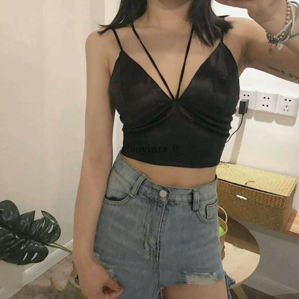 The Best Summer Satin Crop Tops Women Bralette Bustier Bra Vest Shirt V Neck Ladies Tops Online - Takalr