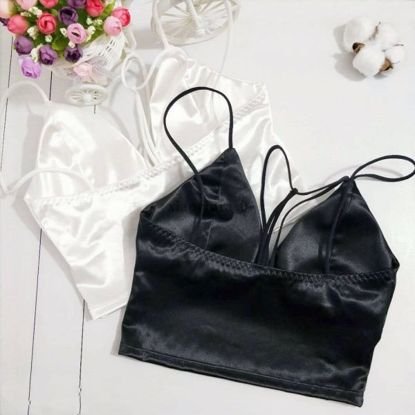 The Best Summer Satin Crop Tops Women Bralette Bustier Bra Vest Shirt V Neck Ladies Tops Online - Takalr