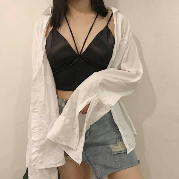 The Best Summer Satin Crop Tops Women Bralette Bustier Bra Vest Shirt V Neck Ladies Tops Online - Takalr