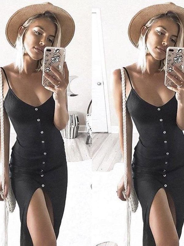 The Best Summer Sexy Fashion Dress Women Ladies Summer Sleeveless V-Neck Skinny Solid Button High Waist Ankle-Length Dress Online - Takalr