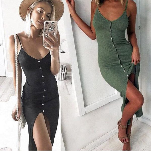 The Best Summer Sexy Fashion Dress Women Ladies Summer Sleeveless V-Neck Skinny Solid Button High Waist Ankle-Length Dress Online - Takalr