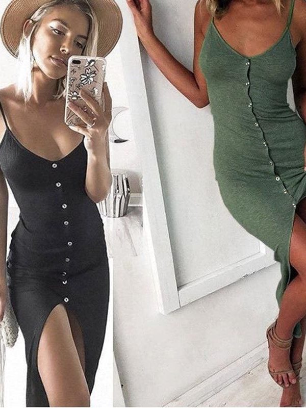 The Best Summer Sexy Fashion Dress Women Ladies Summer Sleeveless V-Neck Skinny Solid Button High Waist Ankle-Length Dress Online - Takalr