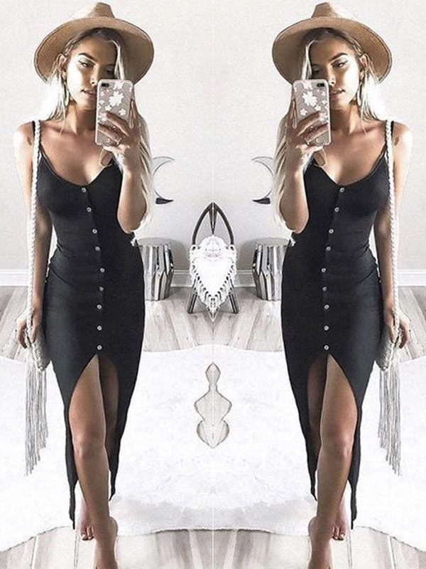 The Best Summer Sexy Fashion Dress Women Ladies Summer Sleeveless V-Neck Skinny Solid Button High Waist Ankle-Length Dress Online - Takalr