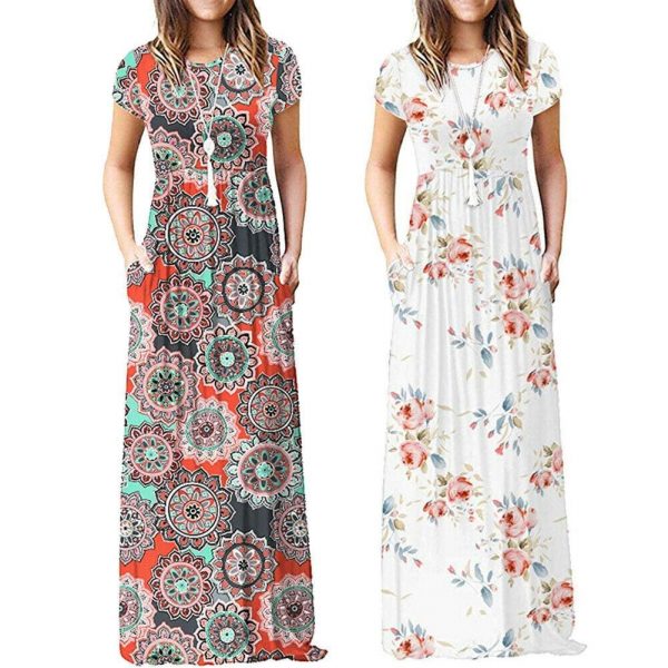 The Best Summer Short Sleeve Long Dress Floral Print Boho Beach Dress Tunic Maxi Dress Online - Takalr