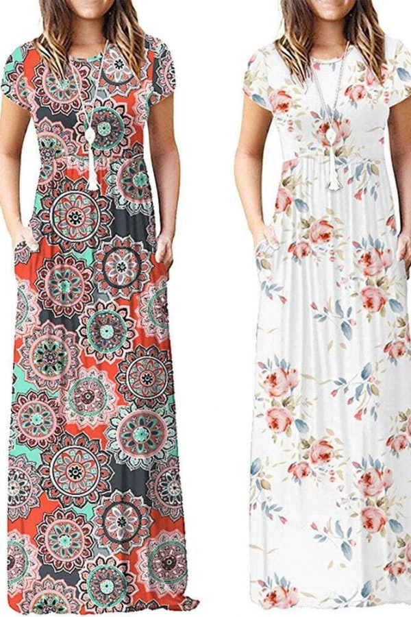 The Best Summer Short Sleeve Long Dress Floral Print Boho Beach Dress Tunic Maxi Dress Online - Takalr