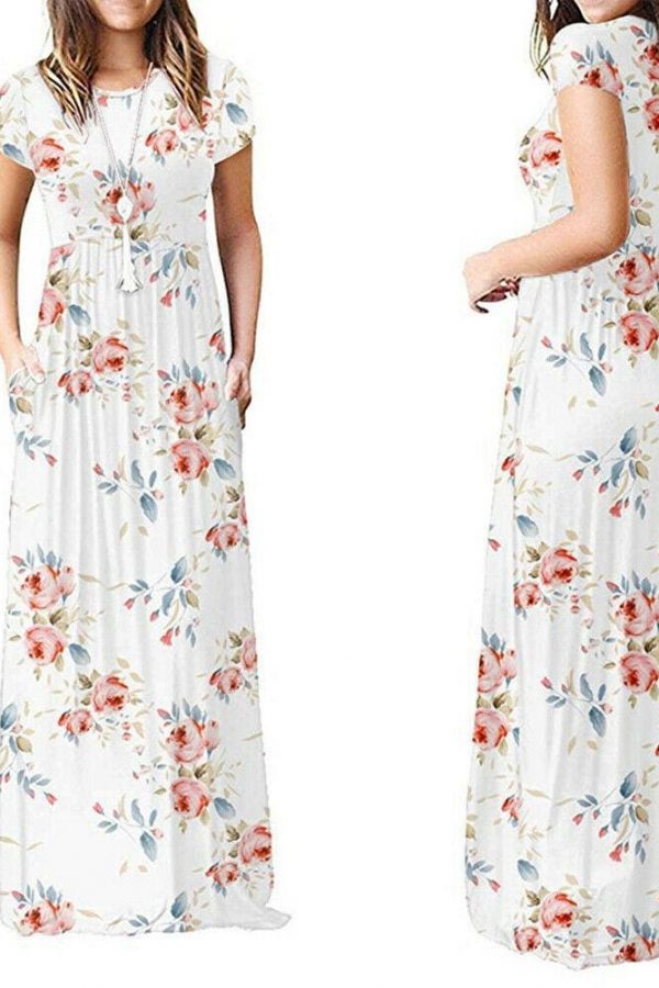 The Best Summer Short Sleeve Long Dress Floral Print Boho Beach Dress Tunic Maxi Dress Online - Takalr