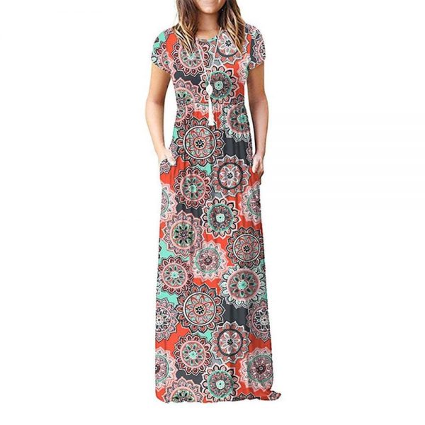 The Best Summer Short Sleeve Long Dress Floral Print Boho Beach Dress Tunic Maxi Dress Online - Takalr